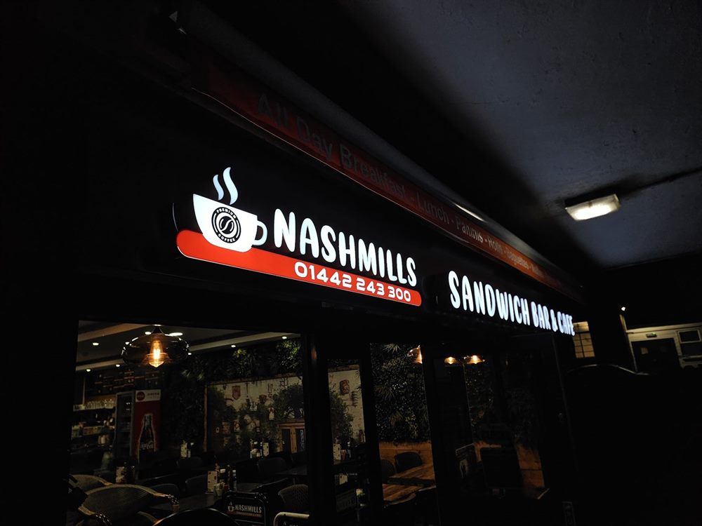 Illuminated sandwich bar shopfront signage