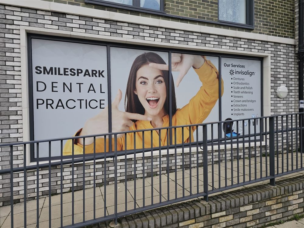 Dental practice window graphics and service panels