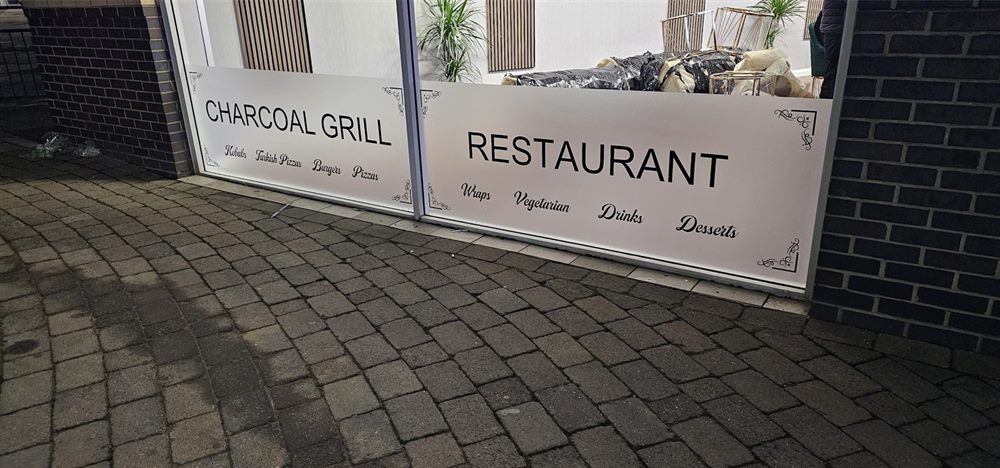 Restaurant window graphics and frosted panels