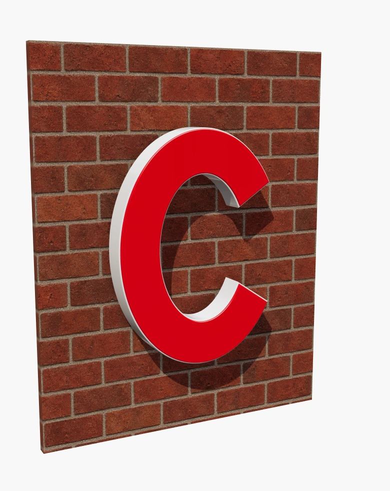 Red acrylic C sign with illuminated returns in daylight