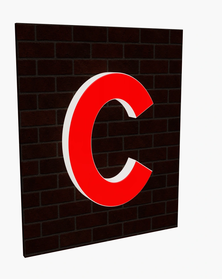 Red acrylic C sign with illuminated returns at night