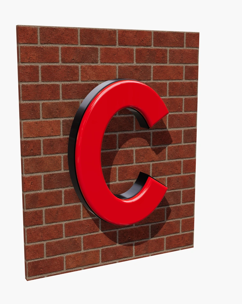 Rounded red acrylic C sign in daylight