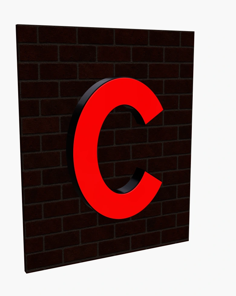 Rimless red front-lit C sign at night