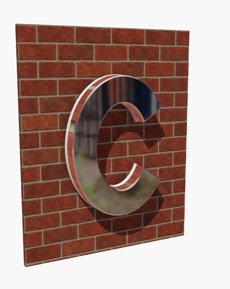 Metal C sign with an illuminated acrylic back in daylight