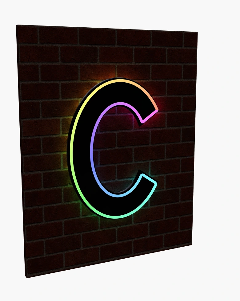 Multicolour LED neon C sign at night